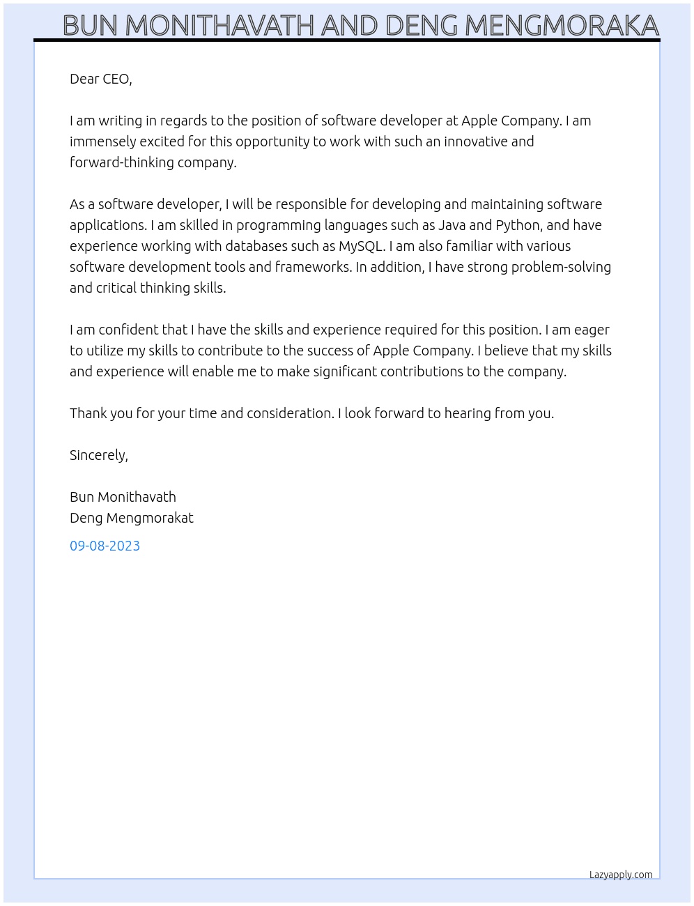 software developer  At Apple Company Cover Letter
