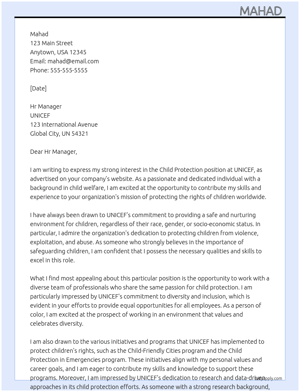 Child protection  At UNICEF Cover Letter