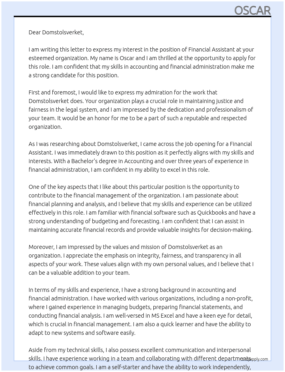 Financial Assistant At Domstolsverket Cover Letter