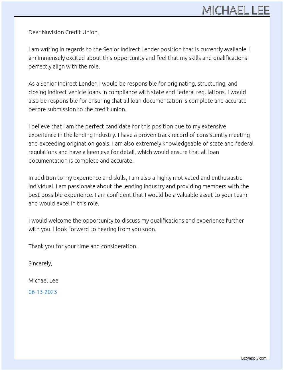 Senior Indirect Lender At Nuvision Credit Union  Cover Letter