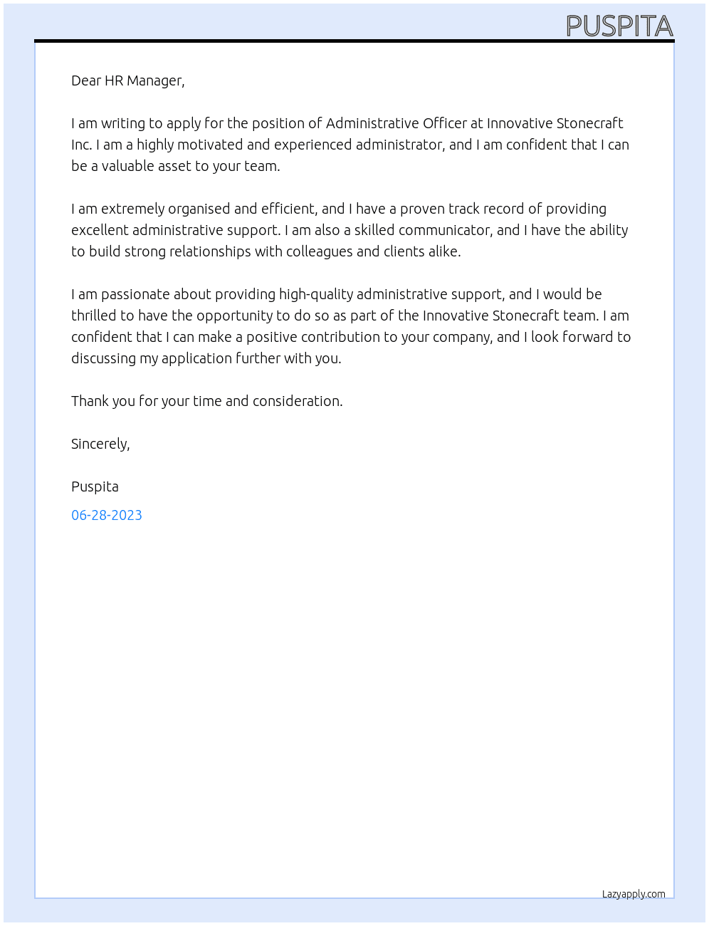 Administrative Officer At INNOVATIVE STONECRAFT INC Cover Letter