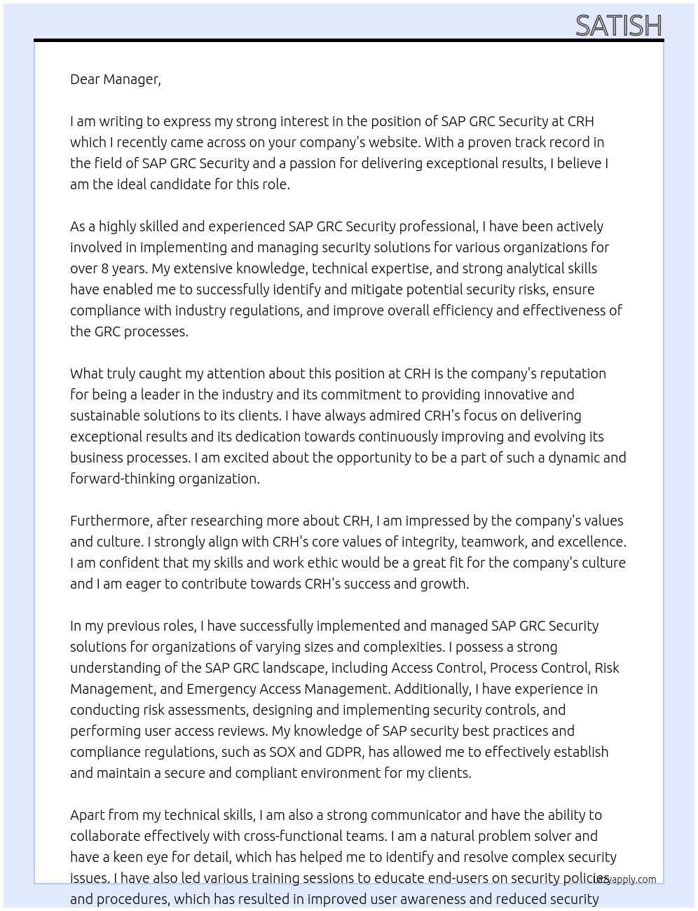 SAP GRC Security At CRH Cover Letter