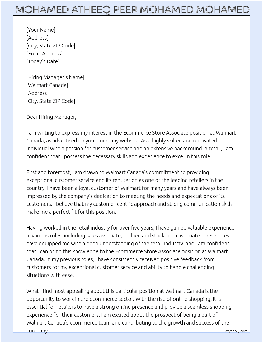  Ecommerce Store Associate At Walmart Canada  Cover Letter