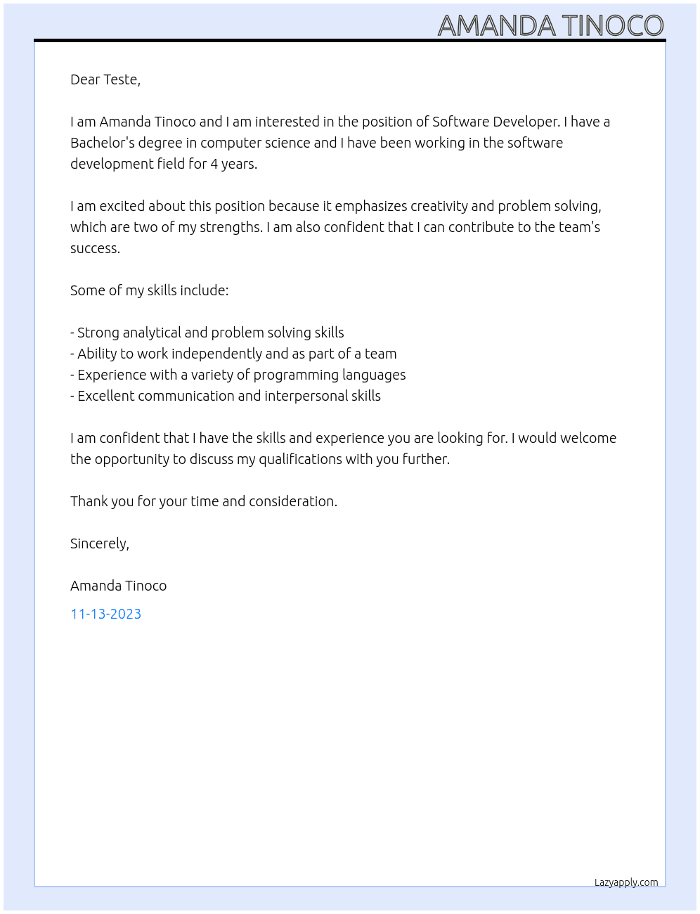 Software Developer At Teste Cover Letter