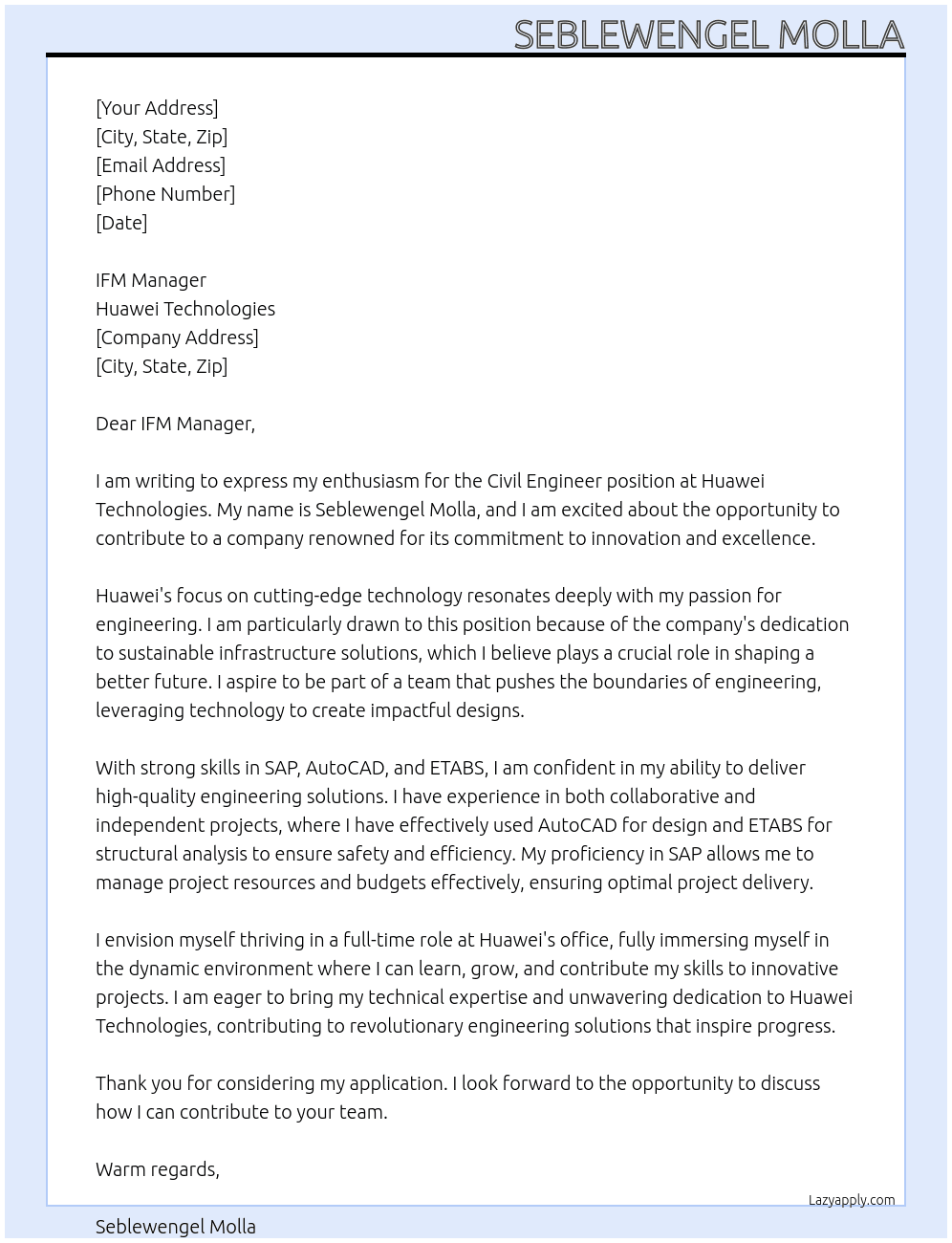 Civil Engineer At Huawei technology Cover Letter