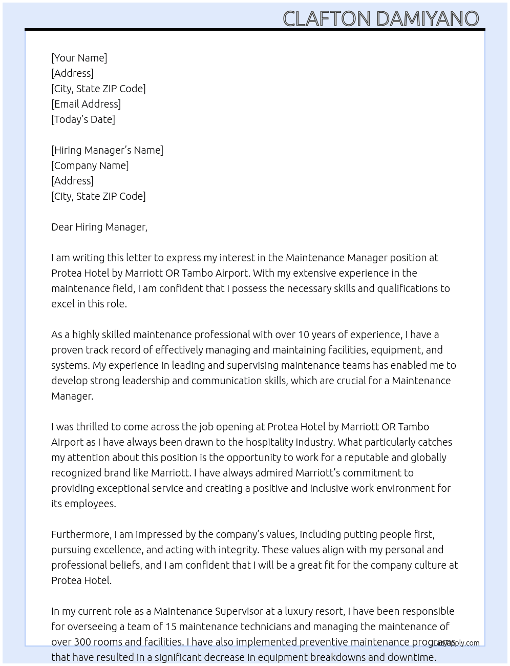 Maintenance Manager  At Protea Hotel by Marriott OR Tambo Airport Cover Letter