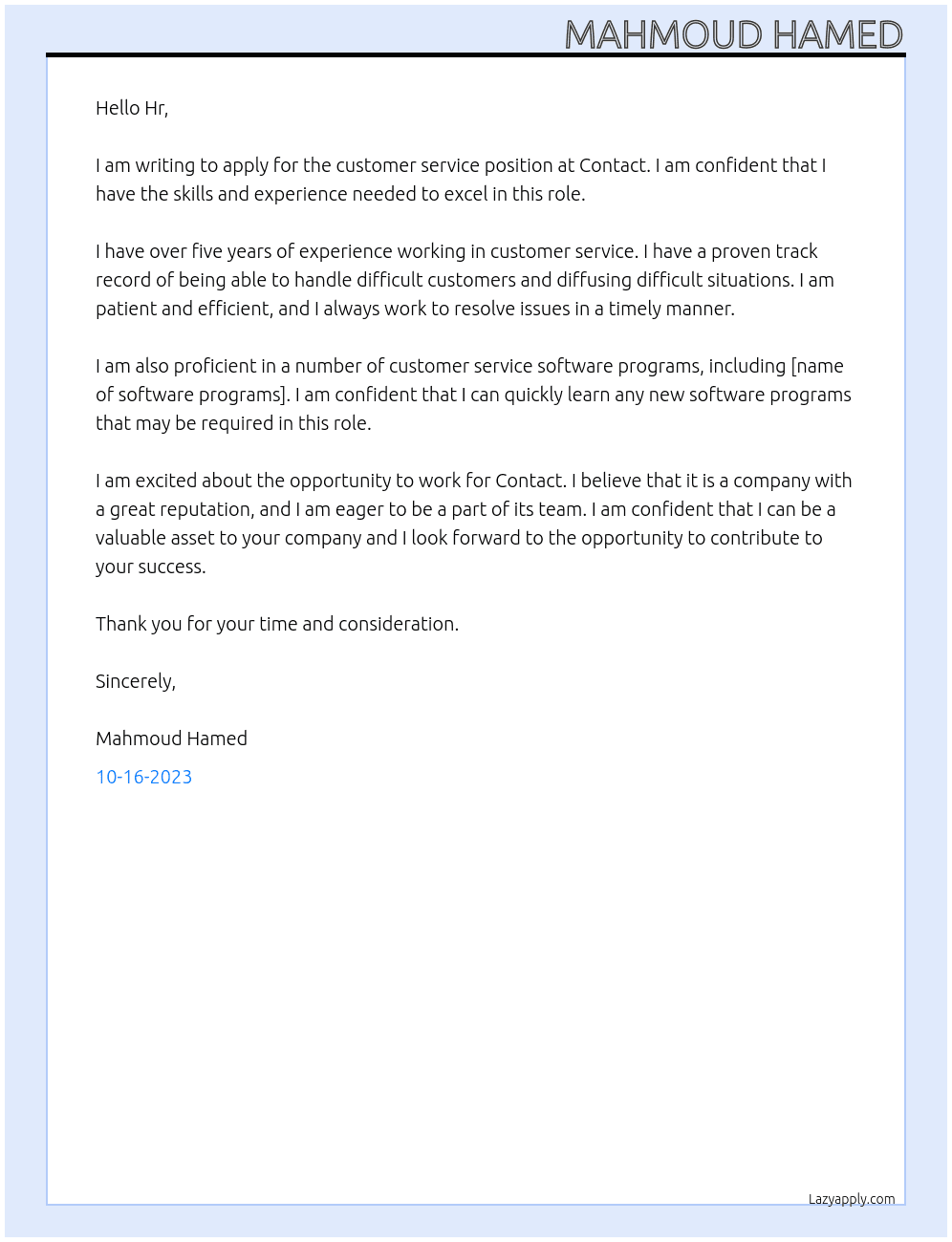customer service At Contact Cover Letter