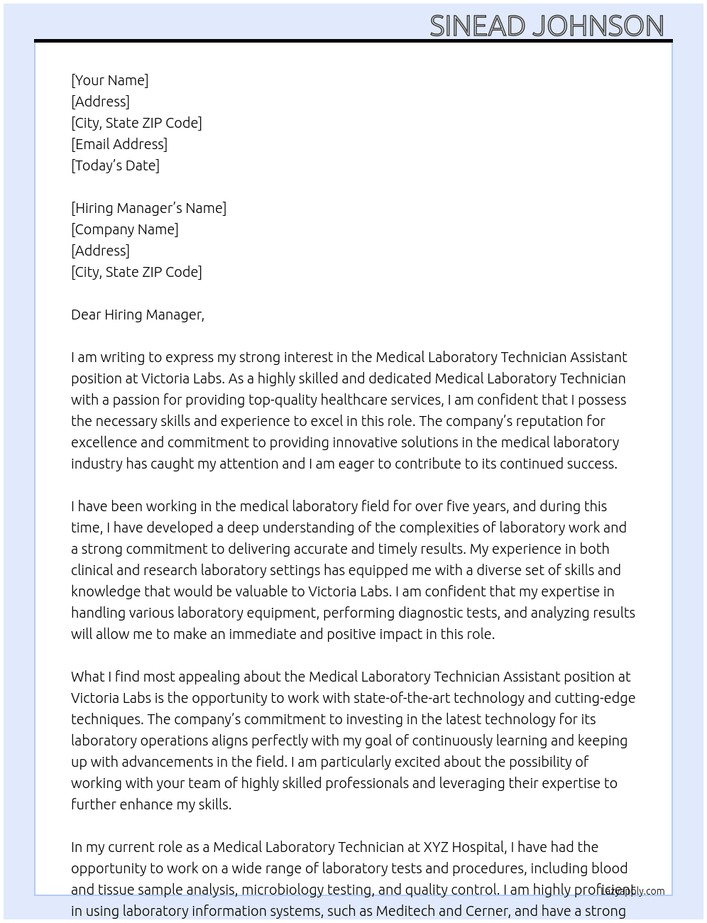 Medical Laboratory Technician assistant At Victoria Labs  Cover Letter