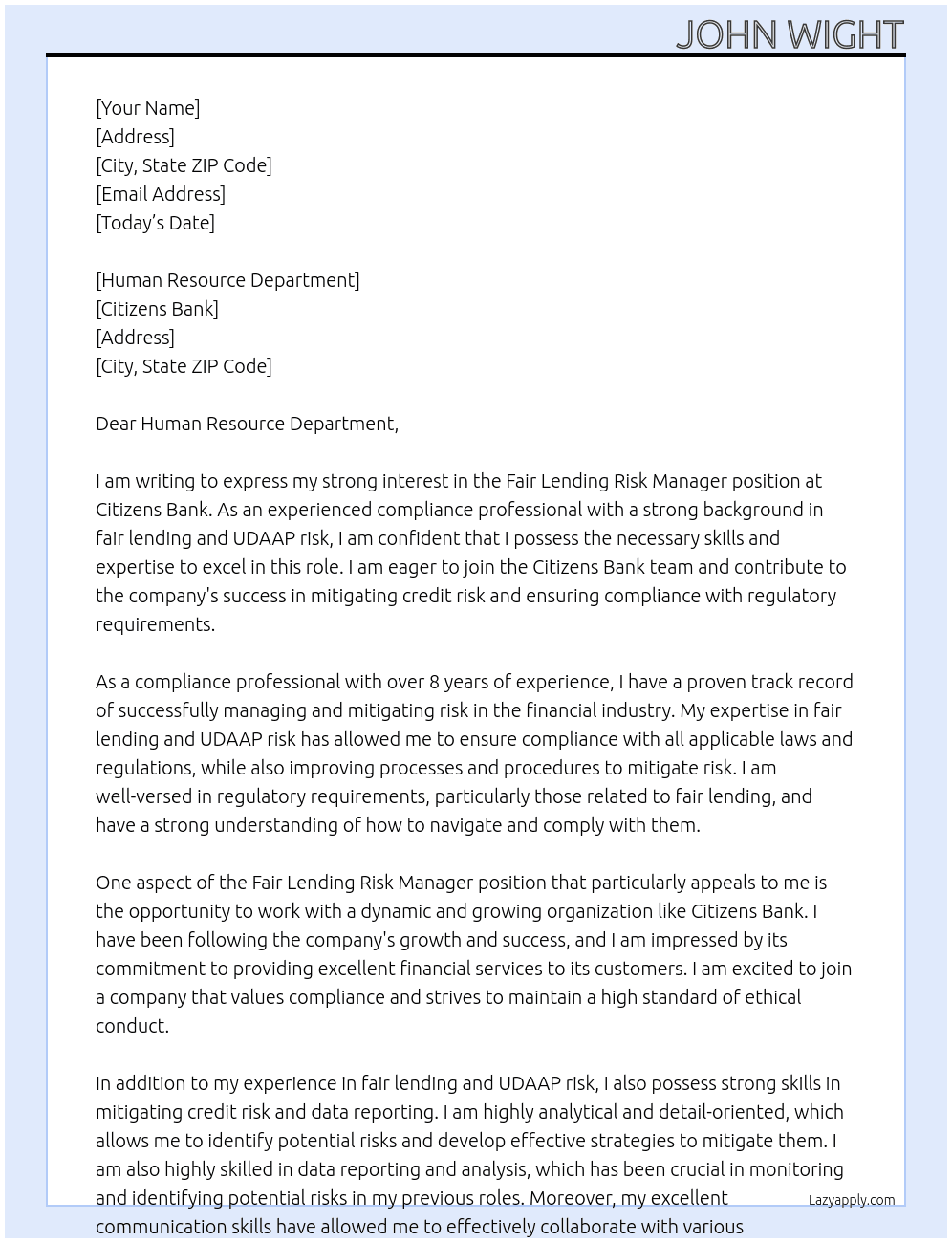 Fair Lending Risk Manager At Citizens Bank  Cover Letter