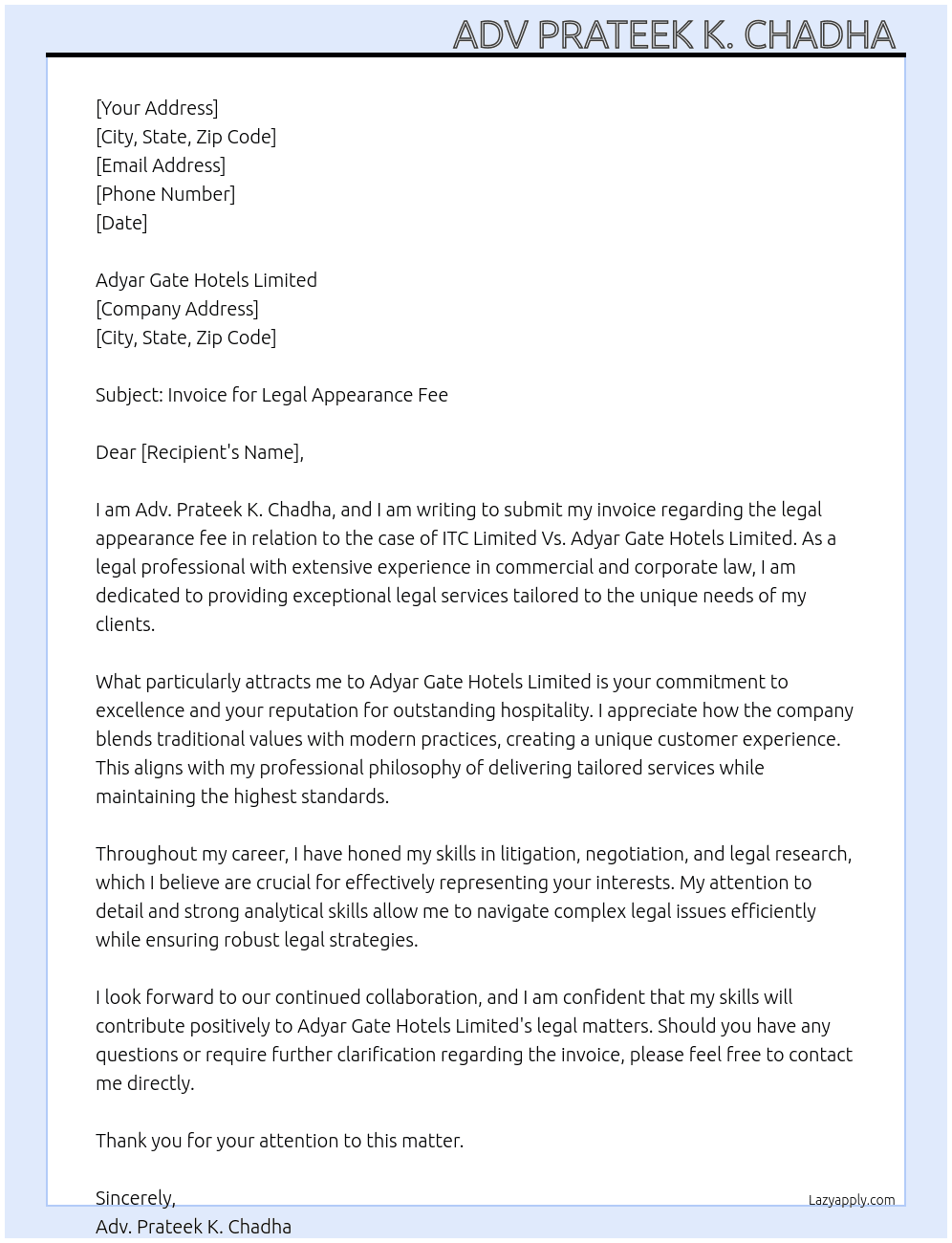 Cover letter for sub: invoice for legal appearance fee - LazyApply