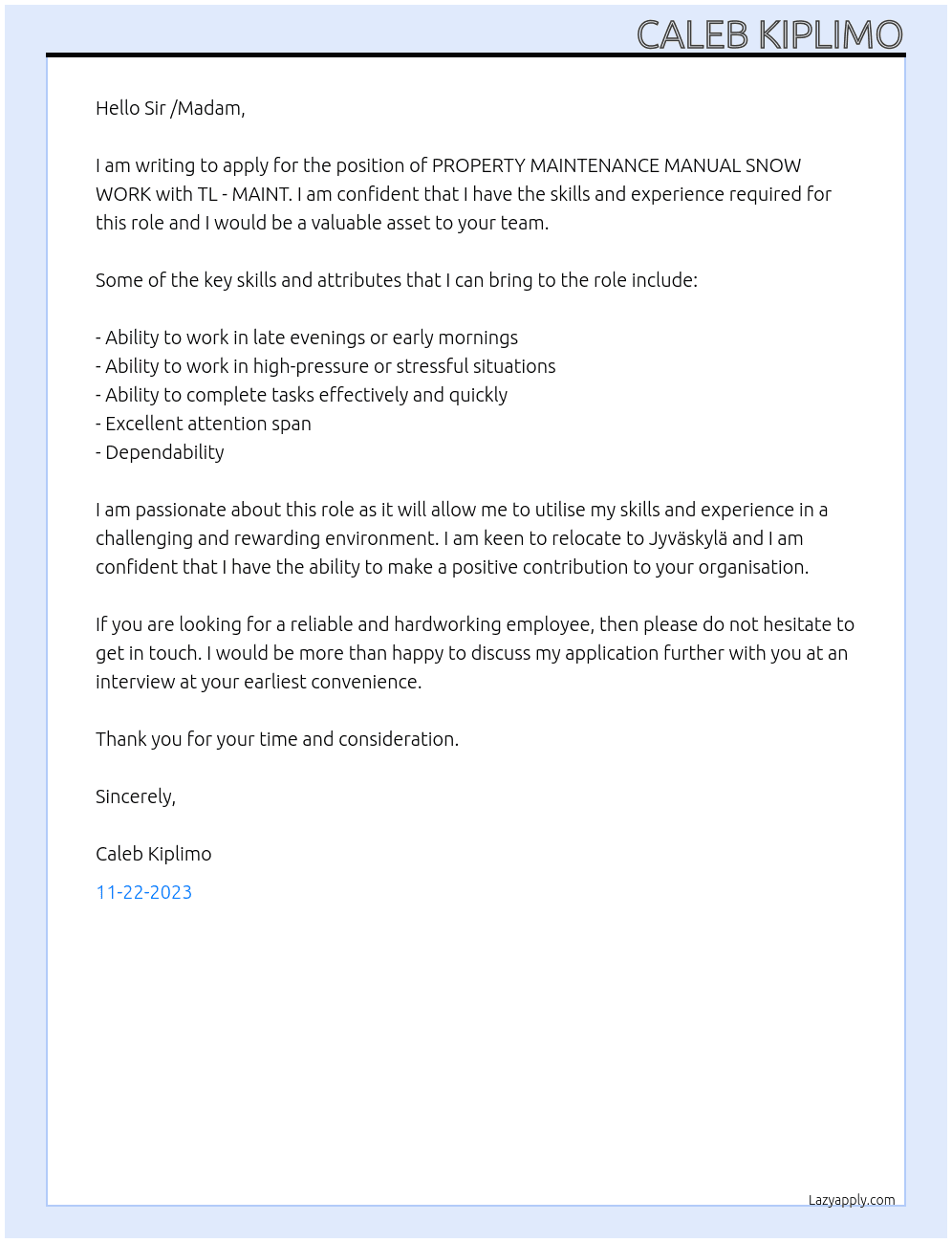 PROPERTY MAINTENANCE MANUAL SNOW WORK  At TL - MAINT Cover Letter