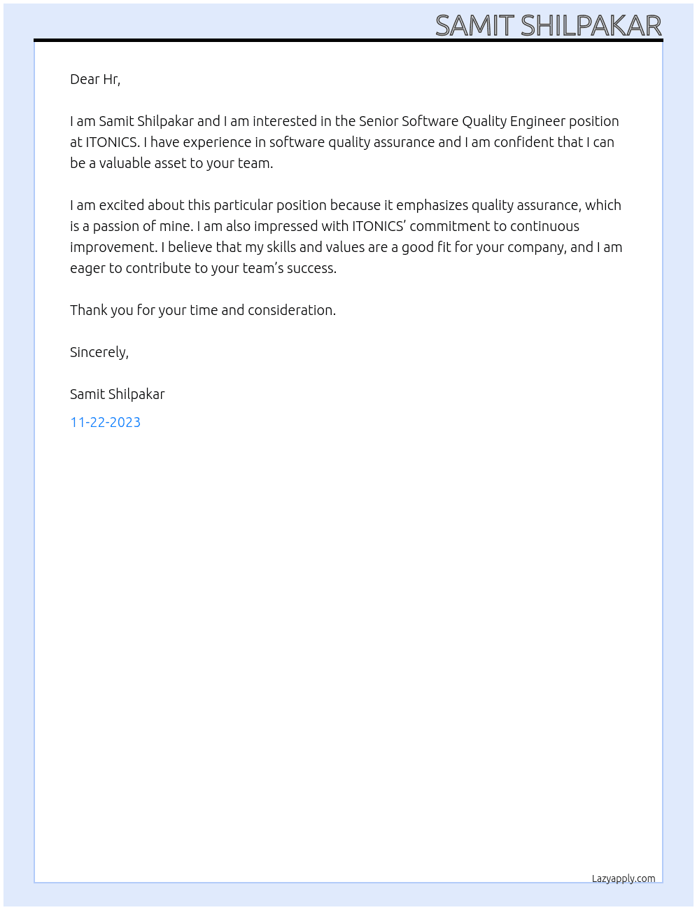 Senior Software Quality Engineer At ITONICS Cover Letter