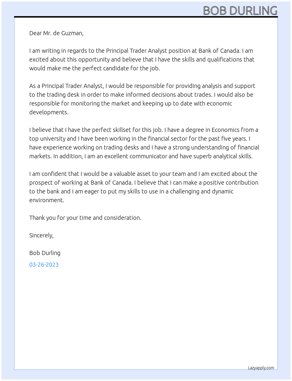 Principal Trader Analyst At Bank of Canada Cover Letter