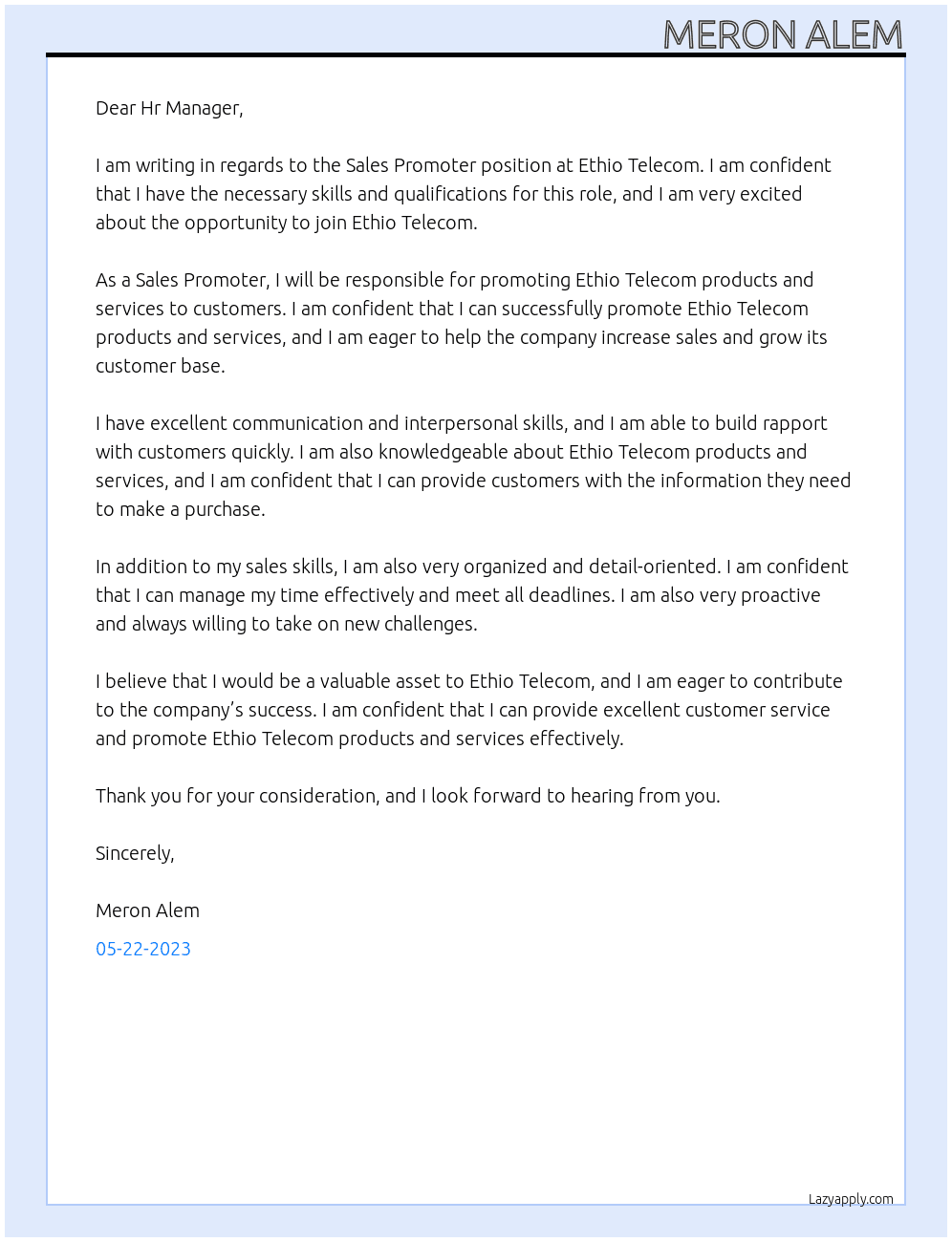 Sales Promoter At Ethio Telecom Cover Letter