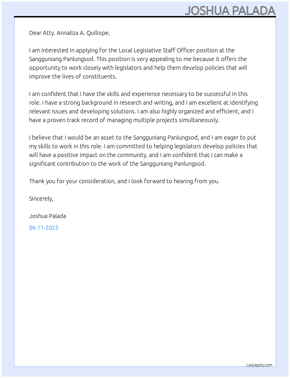 Local Legislative Staff Officer At Sangguniang Panlungsod Cover Letter