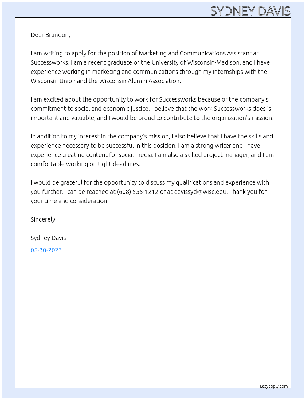 Marketing and Communications Assistant At Successworks Cover Letter