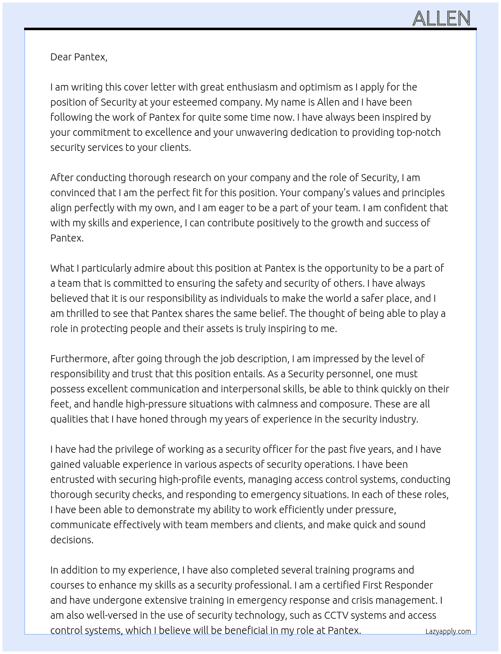 Securety At Pantex Cover Letter