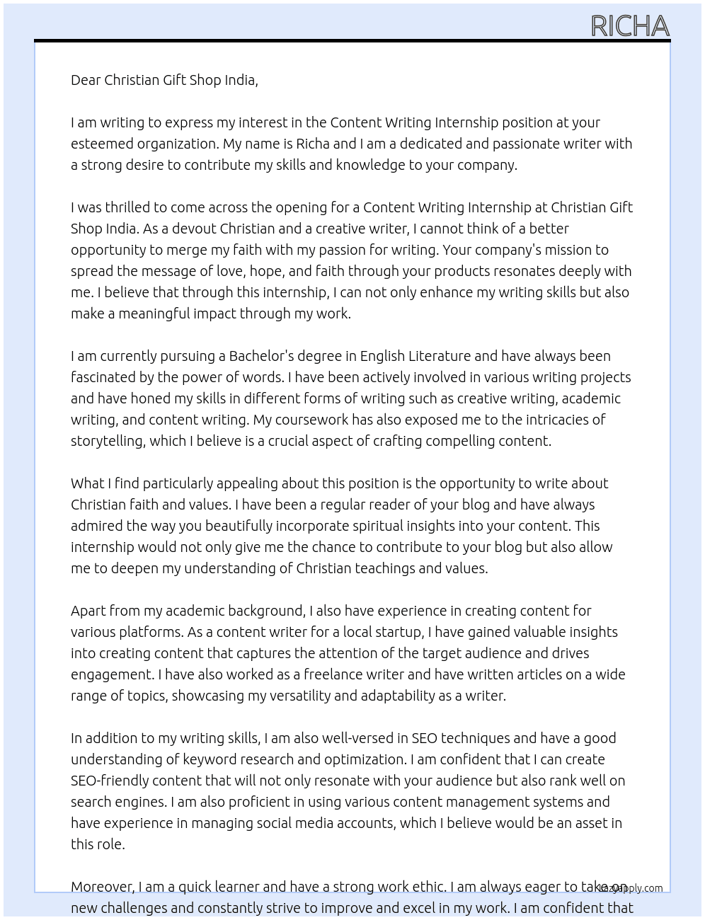 Content Writing internship At Christian Gift Shop India Cover Letter
