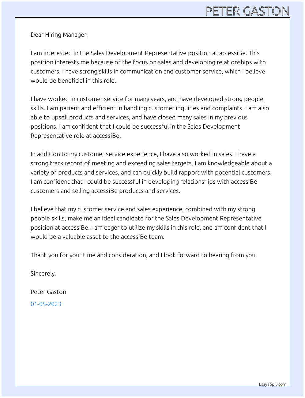 Sales Development Representative At accessiBe Cover Letter