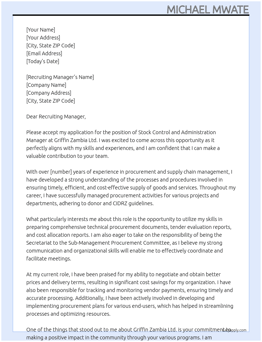 Stock Control and Administration Manager At Griffin Zambia Ltd. Cover Letter