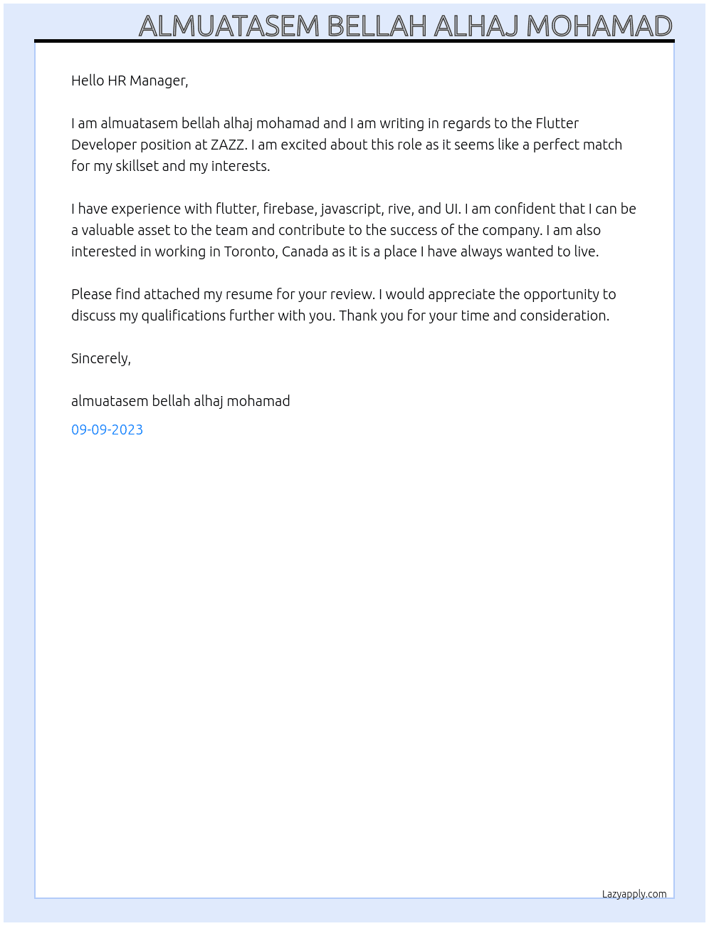 Flutter Developer At ZAZZ  Cover Letter