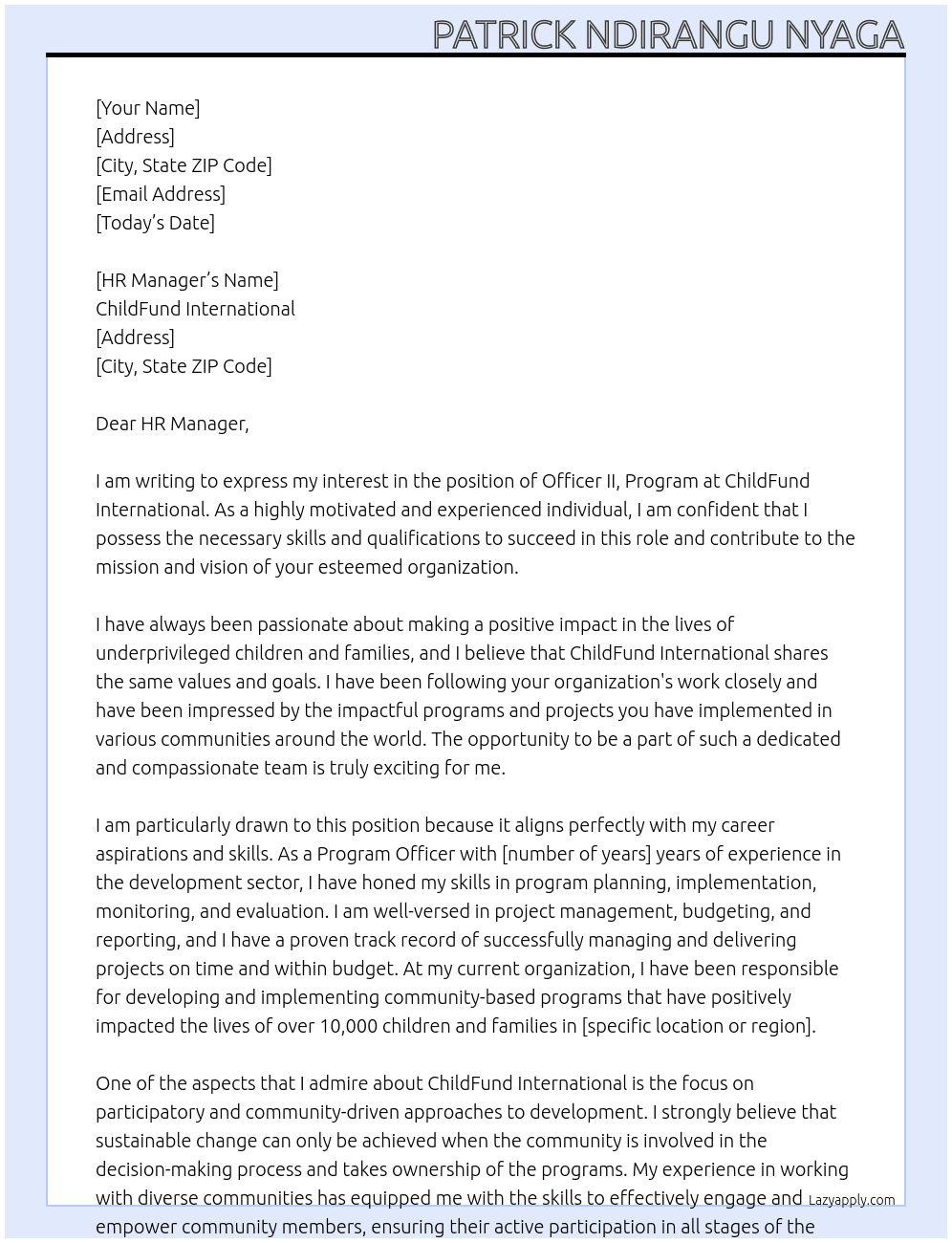 OFFICER II, PROGRAM At CHILDFUND INTERNATIONAL Cover Letter