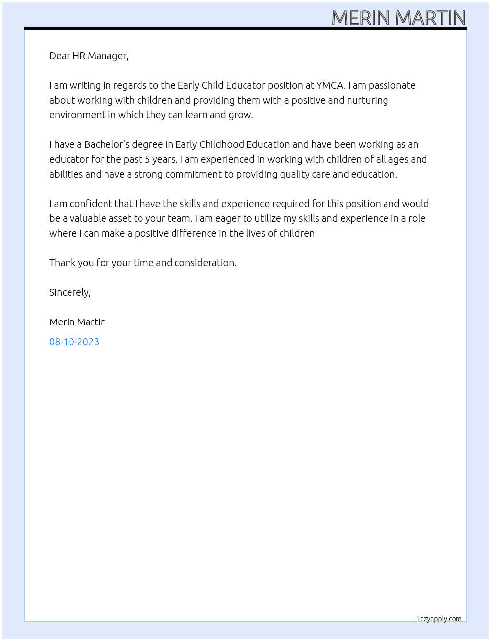 early child educator At YMCA Cover Letter