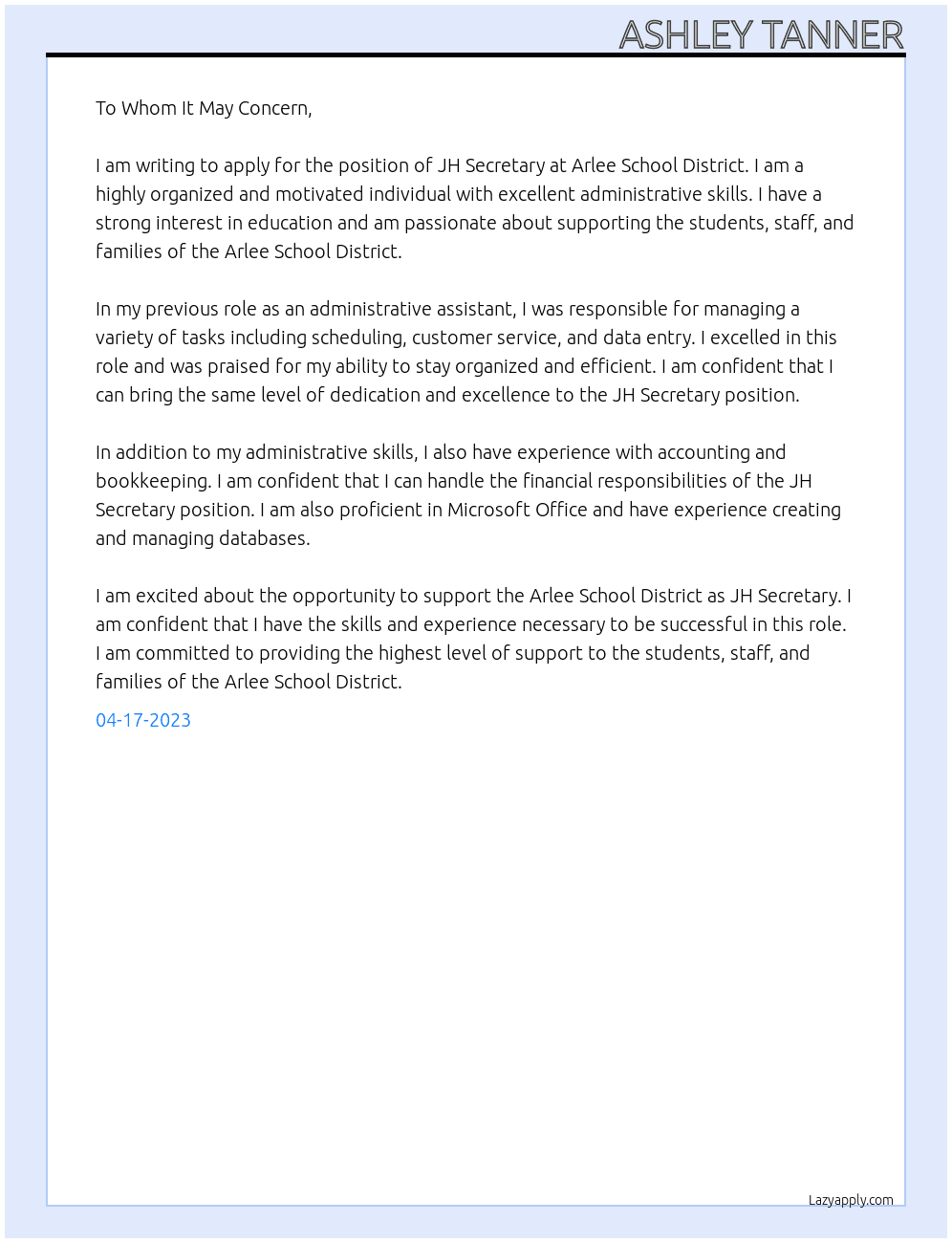 JH Secretary  At Arlee School District Cover Letter