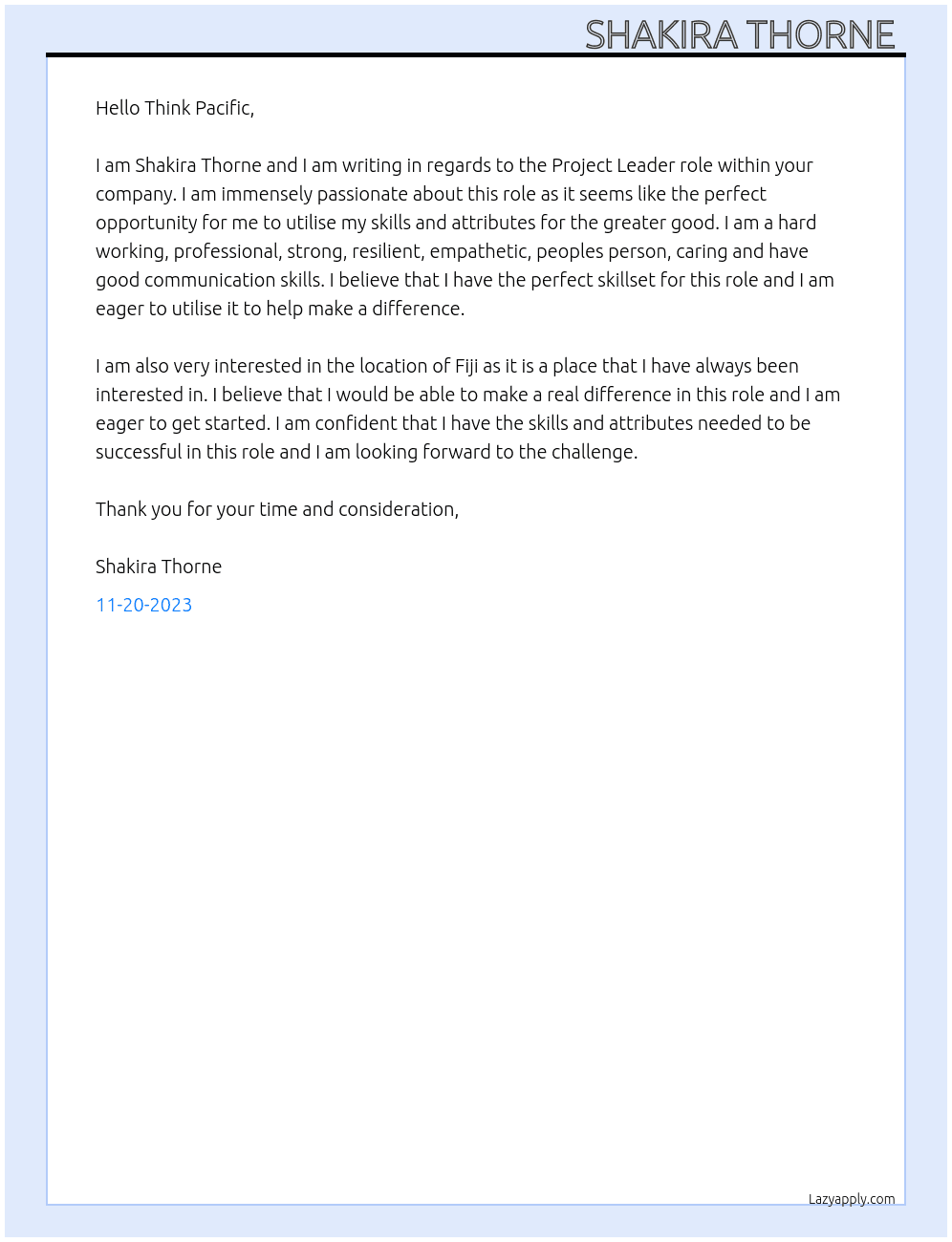 Project Leader At Think Pacific  Cover Letter