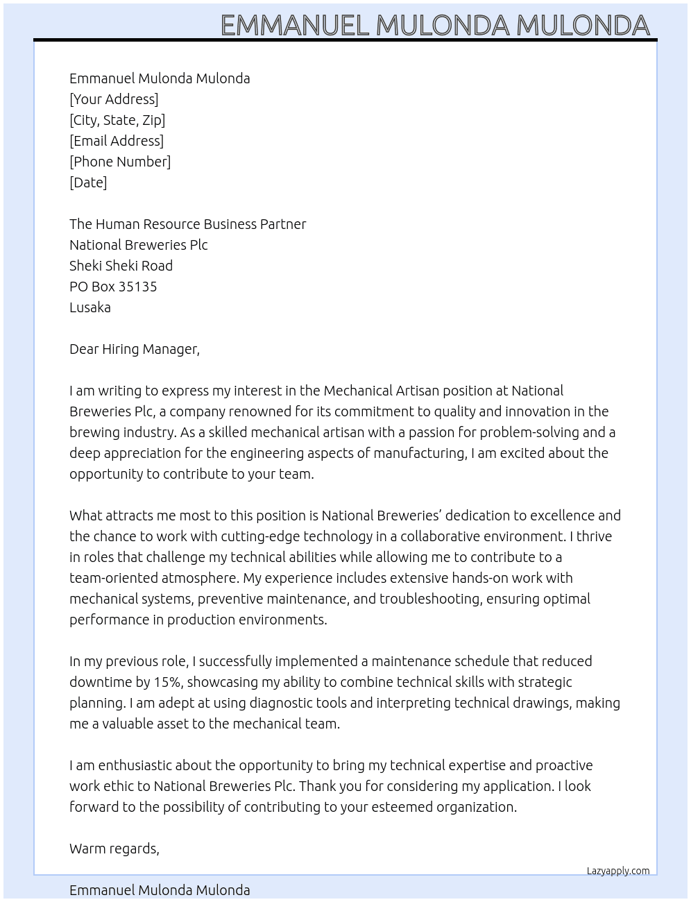 Mechanical arrisan At National Breweries Plc Cover Letter