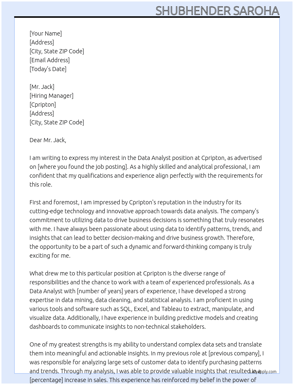 Data Analyst At Cpripton Cover Letter