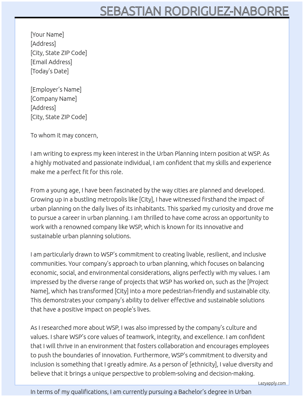 Cover letter for urban planning intern - LazyApply