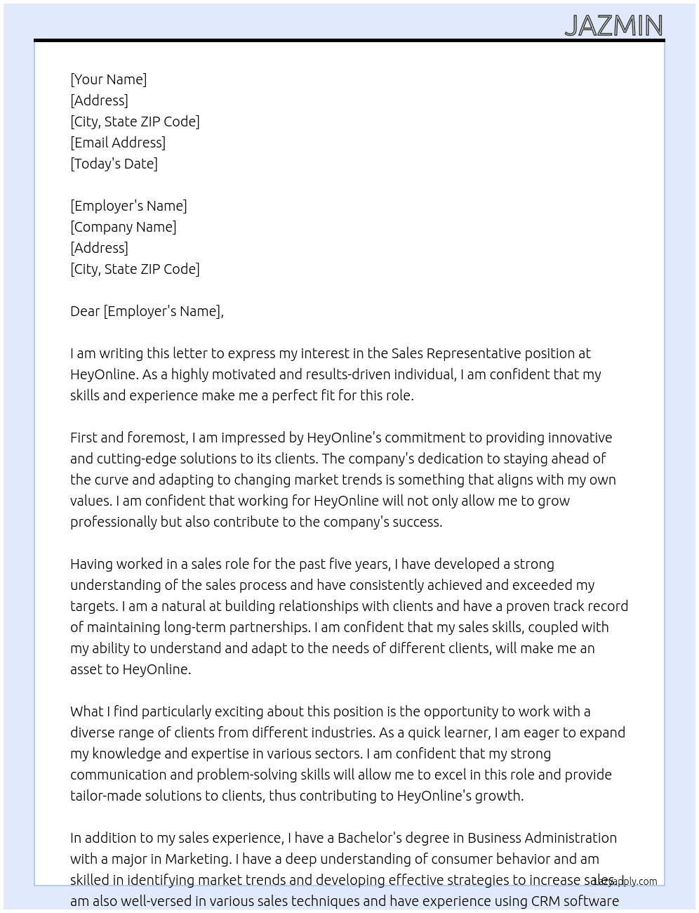 Sales Representative  At HeyOnline Cover Letter
