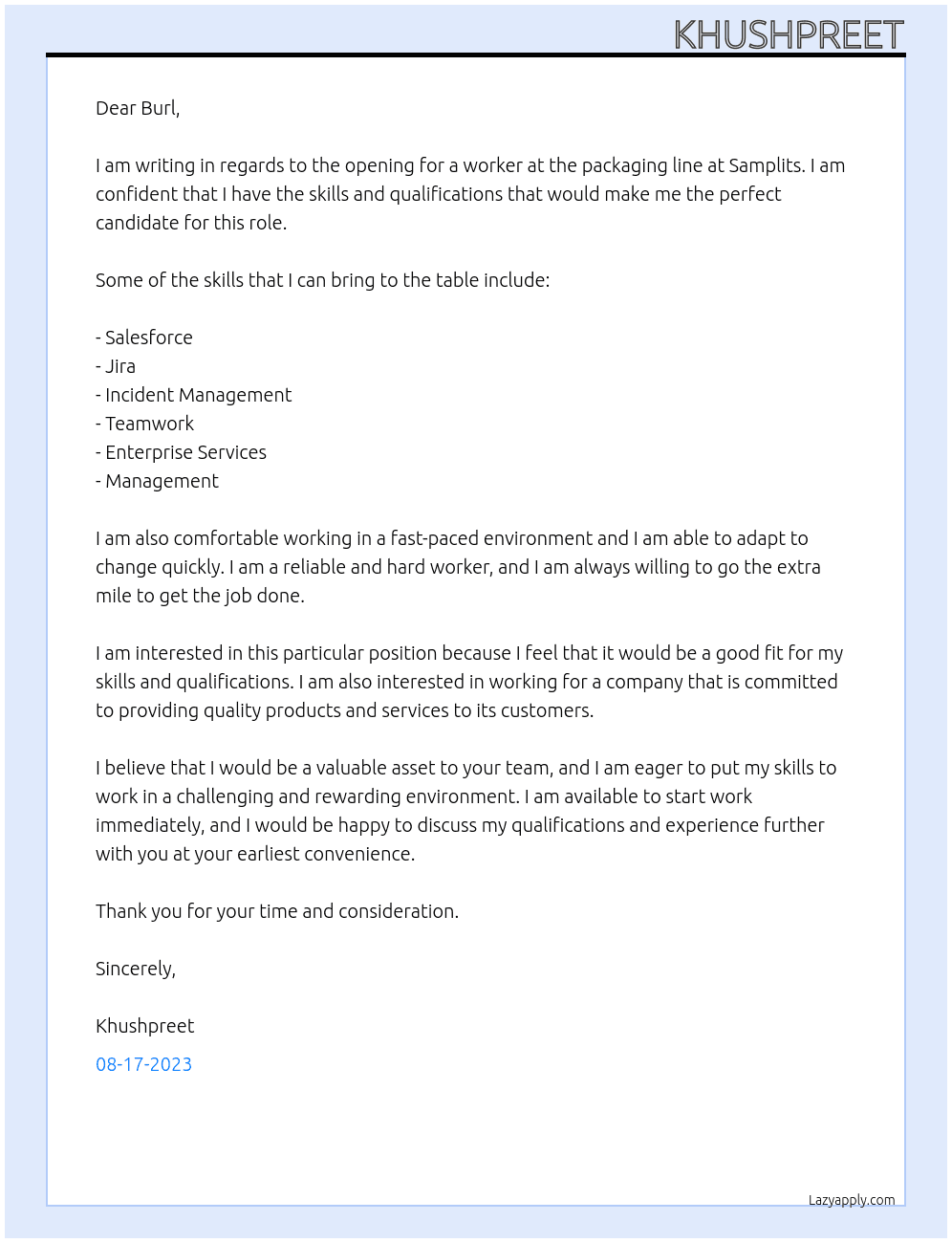 Worker at packaging line At Samplits Cover Letter