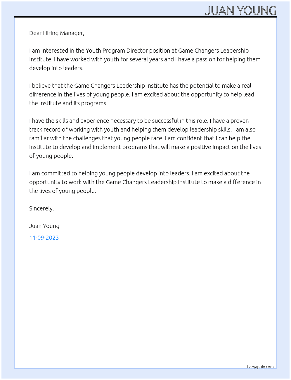 Youth Program Director At Game Changers Leadership Institute Cover Letter