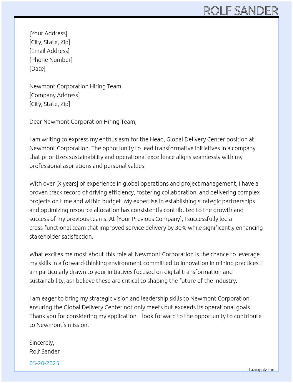 Head, Global Delivery Center At Newmont Corporation Cover Letter