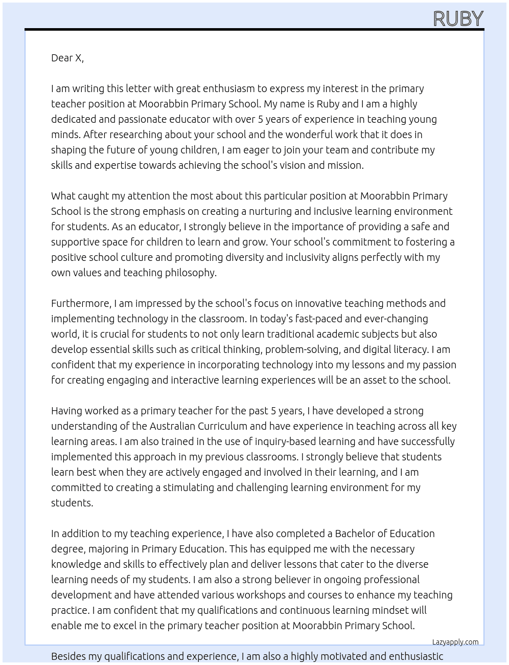 primary teacher  At Moorabbin Primary School Cover Letter