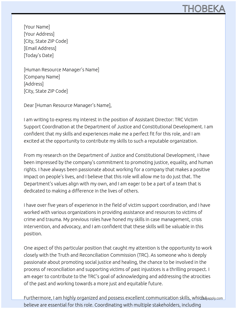 ASSISTANT DIRECTOR: TRC VICTIM SUPPORT COORDINATION  At Department of Justice and Constititutional Development Cover Letter