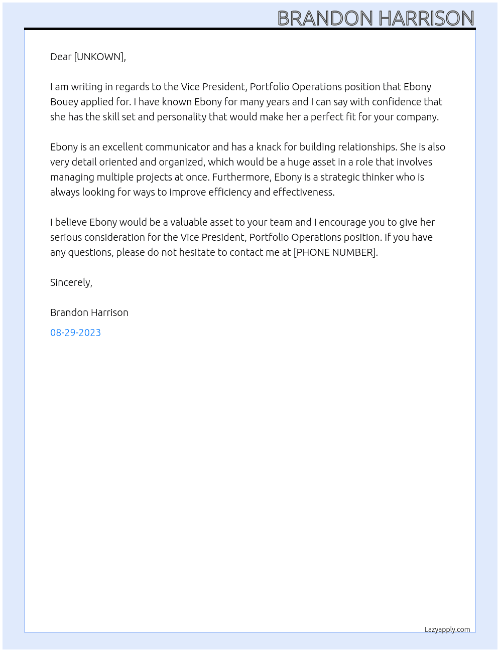 Vice President, Portfolio Operations At [UNKOWN] Cover Letter