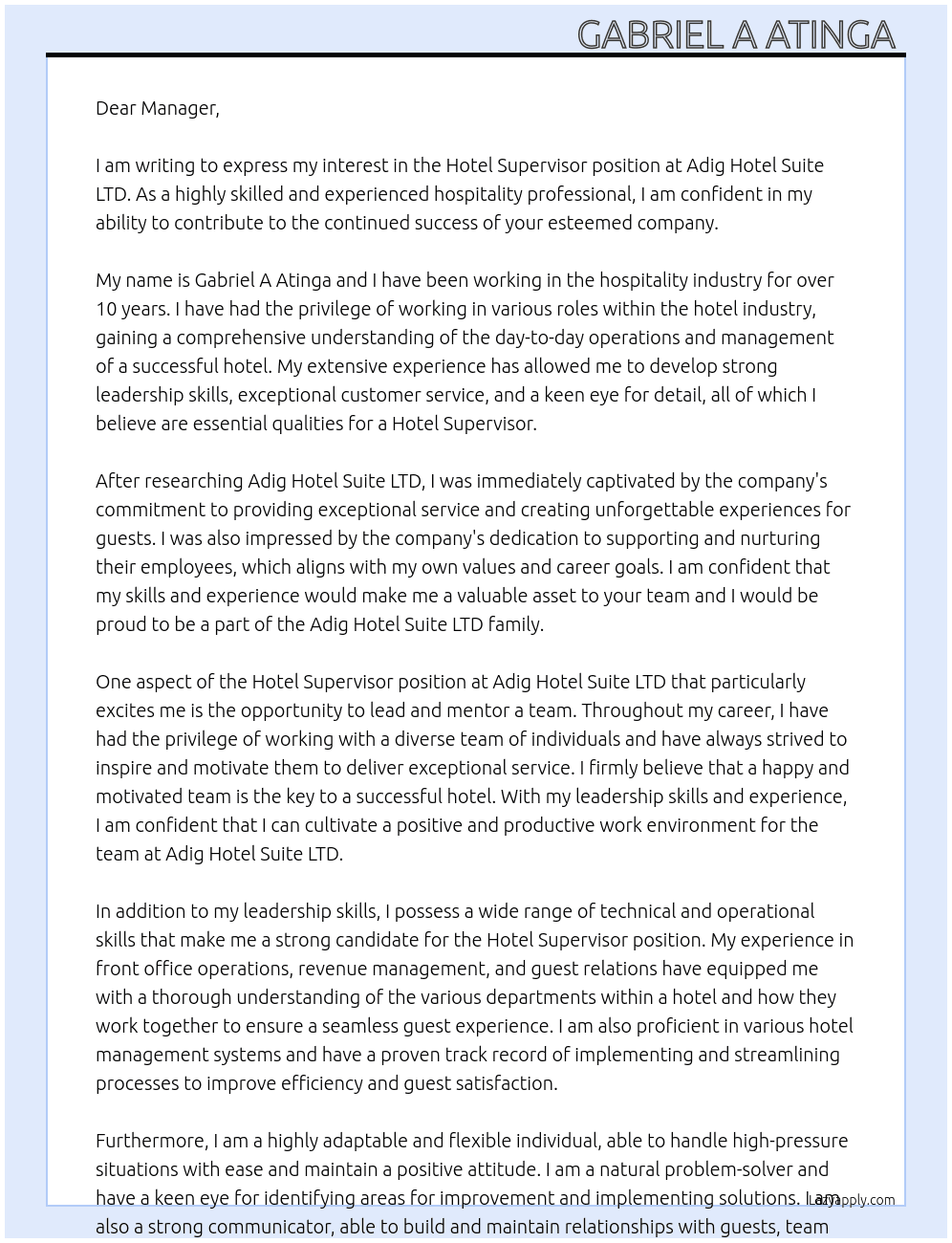 Hotel supervisor  At Adig hotel suite LTD  Cover Letter