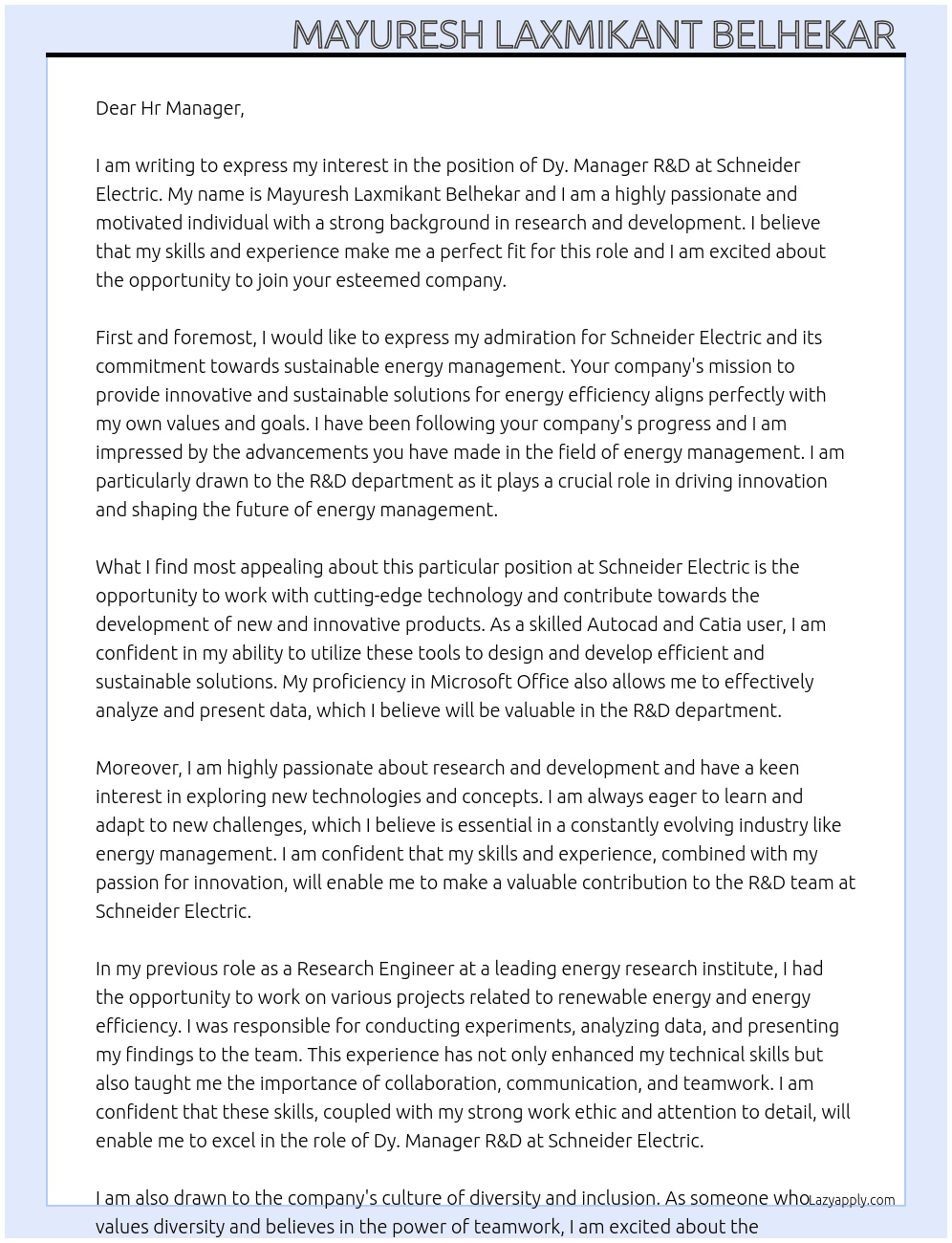 Dy.Manager R&D At Schneider electric  Cover Letter