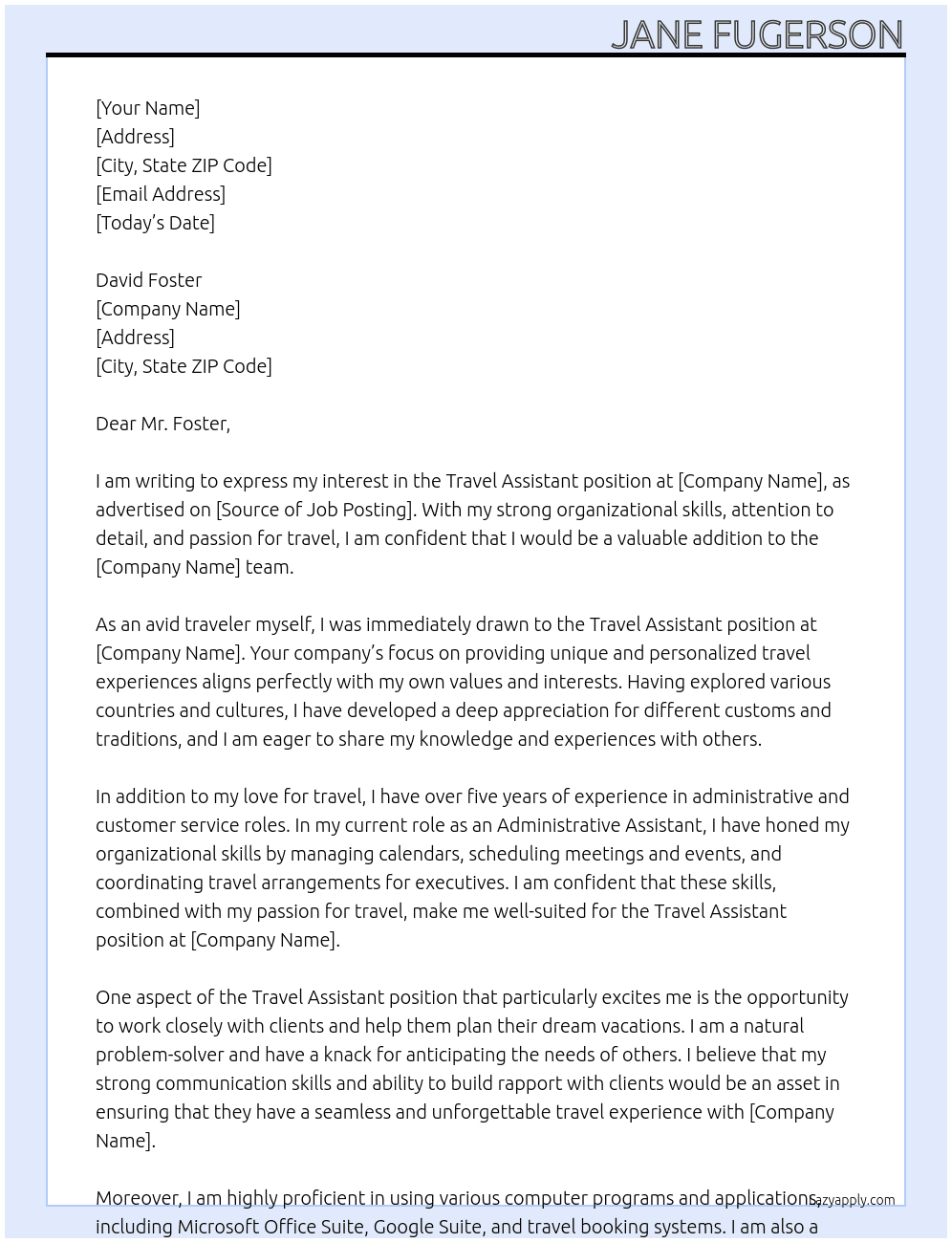 Travel Assistant At Assistant Cover Letter