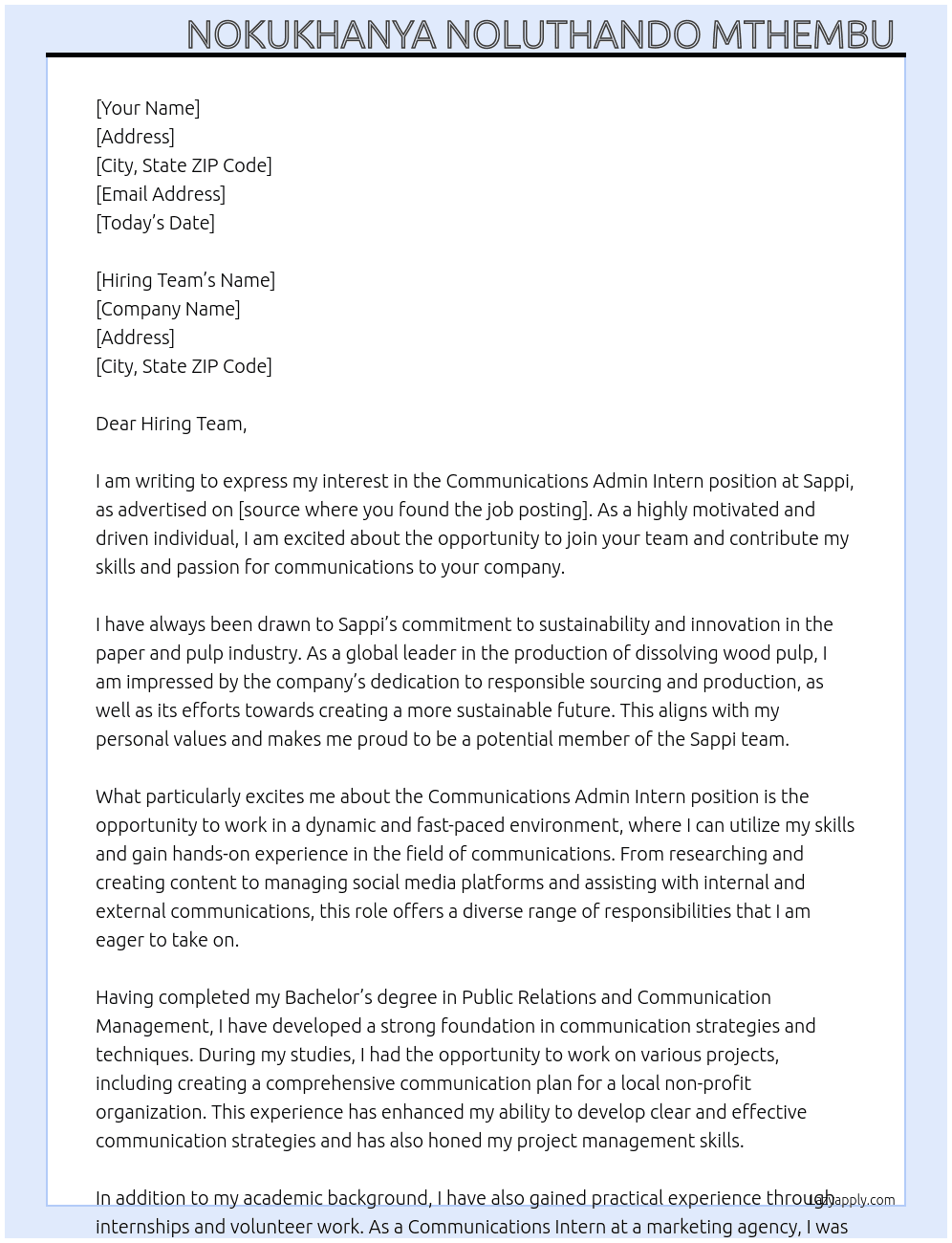 Communications Admin Intern At Sappi Cover Letter