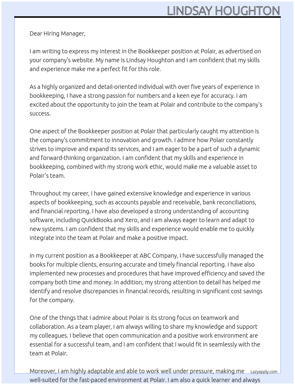 bookkeeper At polair Cover Letter