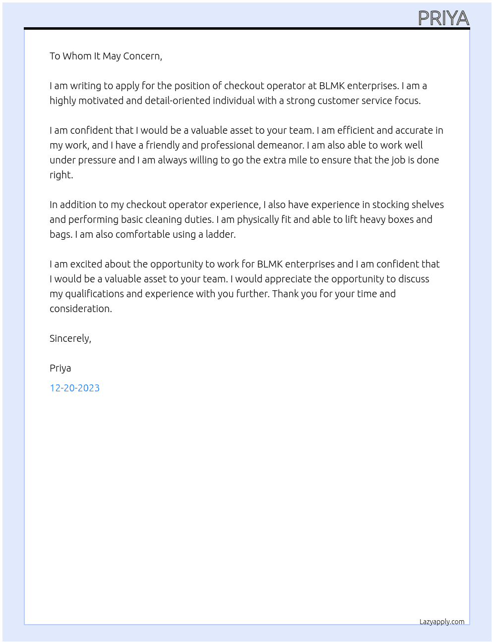 checkout operator At BLMK enterprises Cover Letter