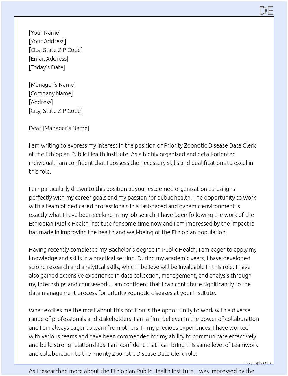  priority zoonotic disease data clerk At Ethiopian public health institute  Cover Letter