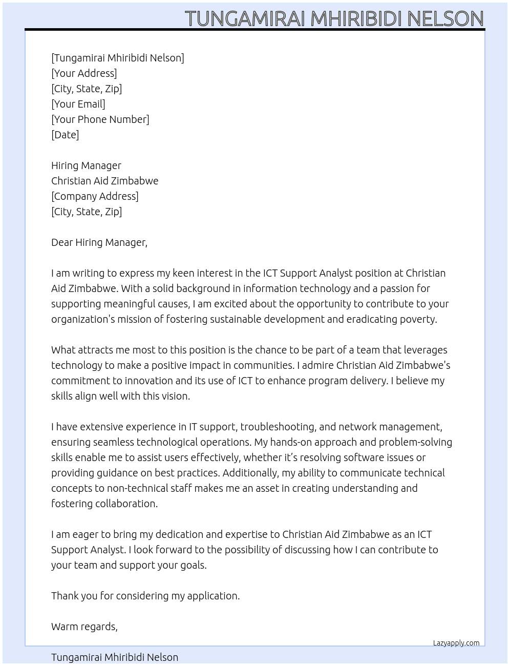 ICT Support Analyst At Christian Aid Zimbabwe Cover Letter