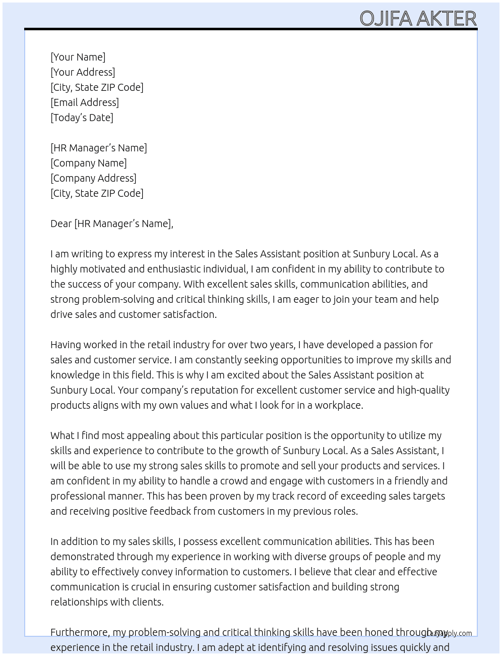 sales assistant  At Sunbury local  Cover Letter