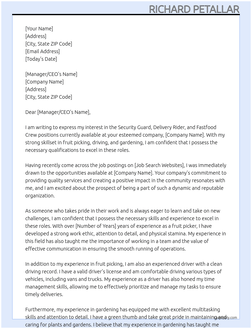 Security Guard, Deliver Rider and fastfood Crew At IPAMS, INDEED, JOBBANK Cover Letter
