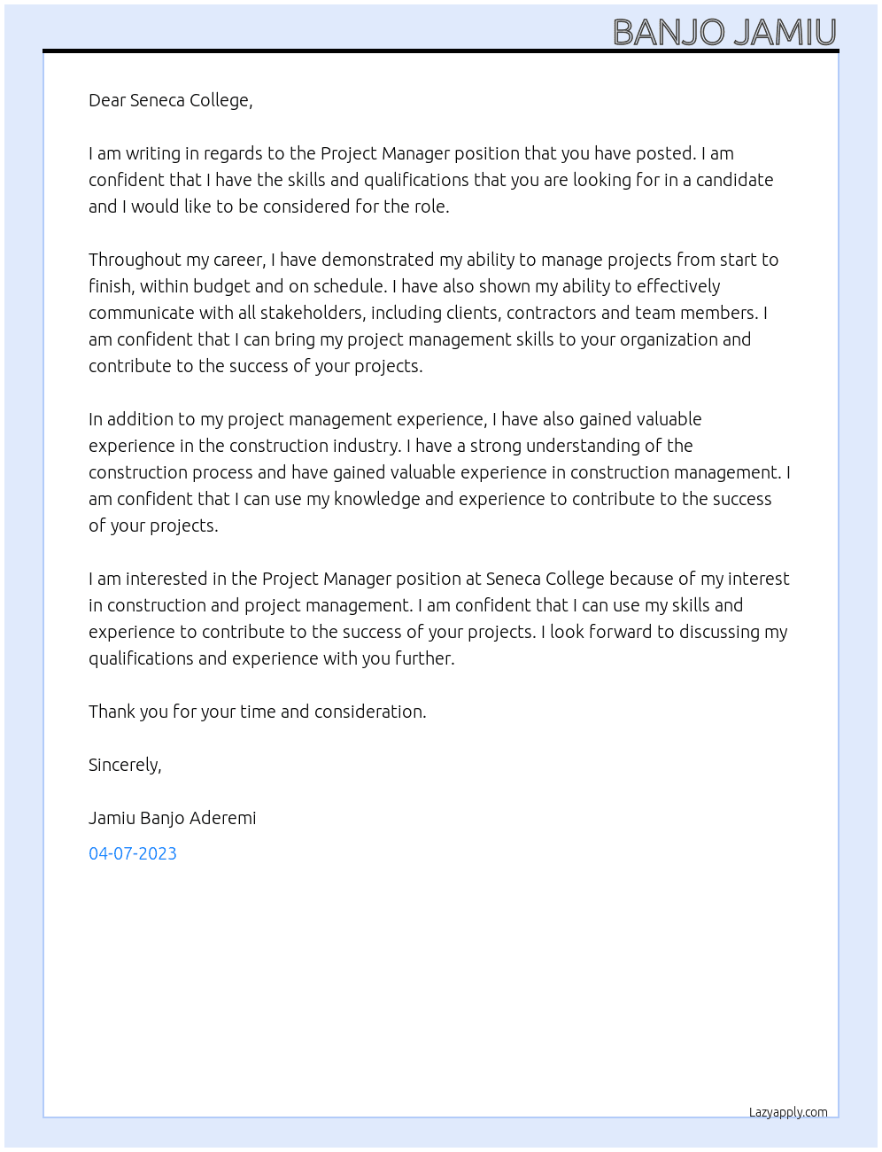 project manager At seneca college Cover Letter